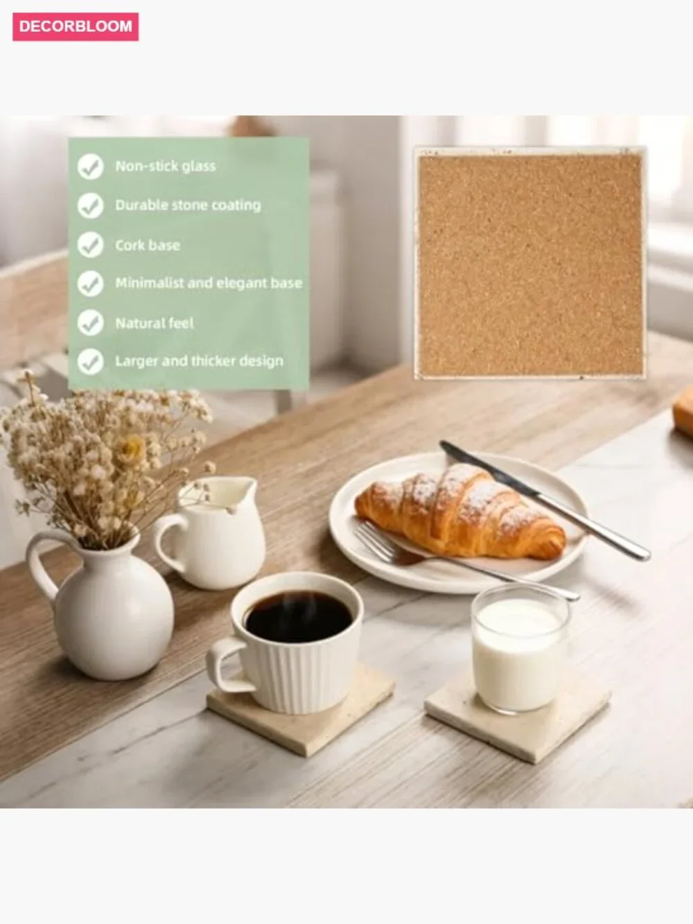 4 Natural Travertine Coasters Set with Gold Holder - Non Slip Cork Backing